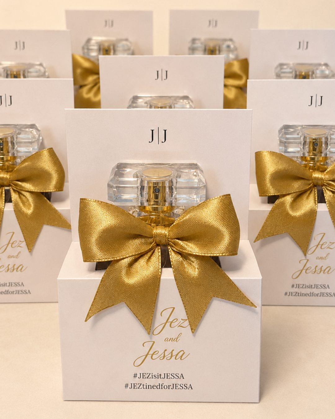 Up next: Personalised perfume gift boxes finished with gold satin bows