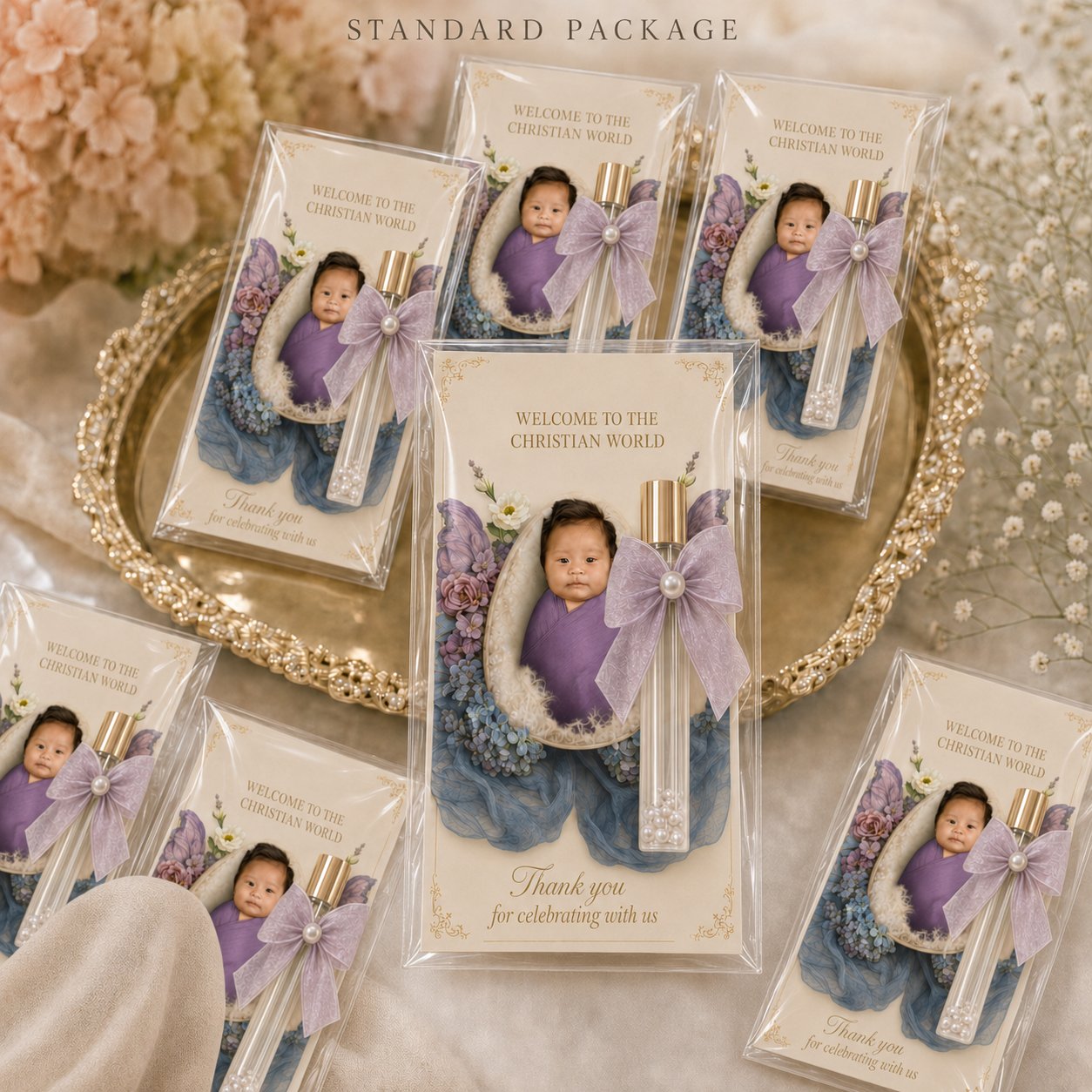 Standard package perfume keepsakes with custom photo cards and glass spray vials